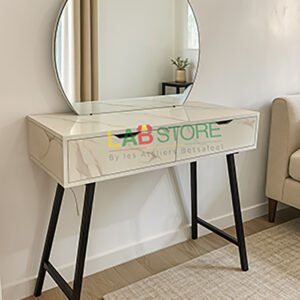 Coiffeuse en bois & métal avec miroir rond