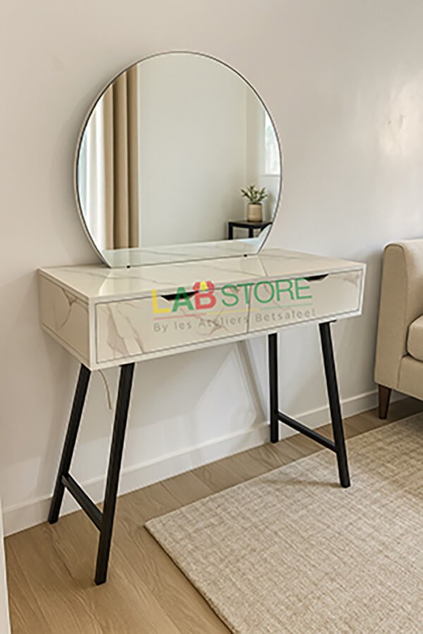 Coiffeuse en bois & métal avec miroir rond