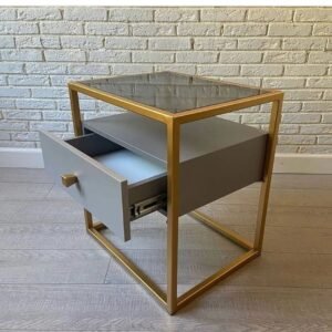 Table d’appoint en bois, verre trempé & métal doré